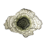 Aiku Glass Bowl 38x29cm in green, an irregularly shaped shallow dish with rippled, textured rings stepping down to a darker green centre, shown on a plain white background.
