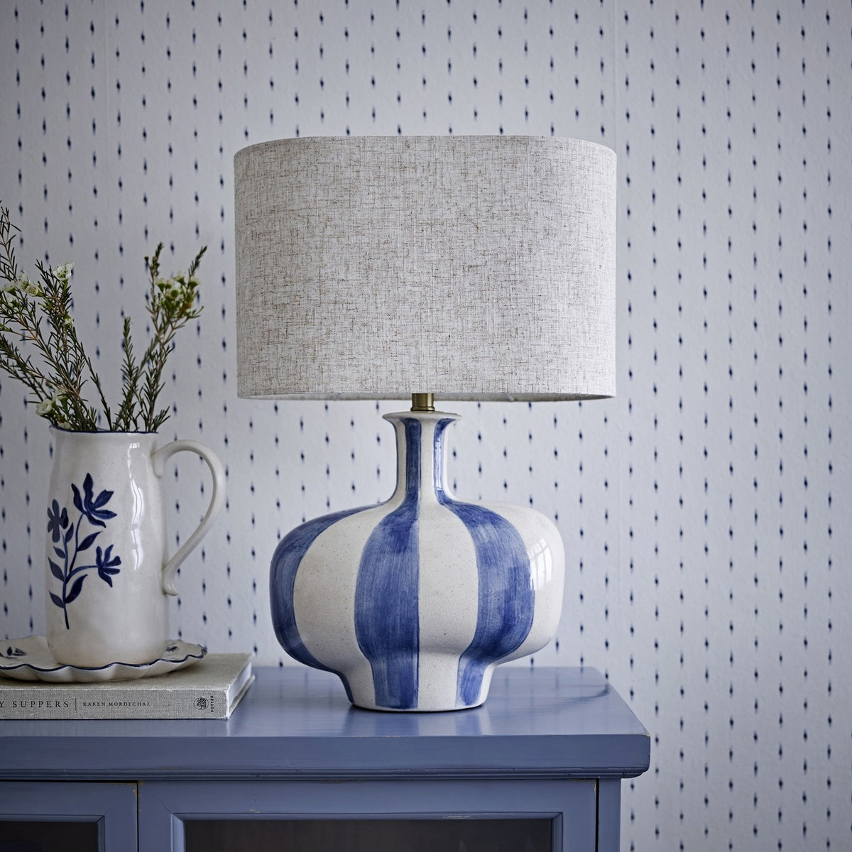 Alida Striped Stoneware Table Lamp with Linen Shade - Multi
