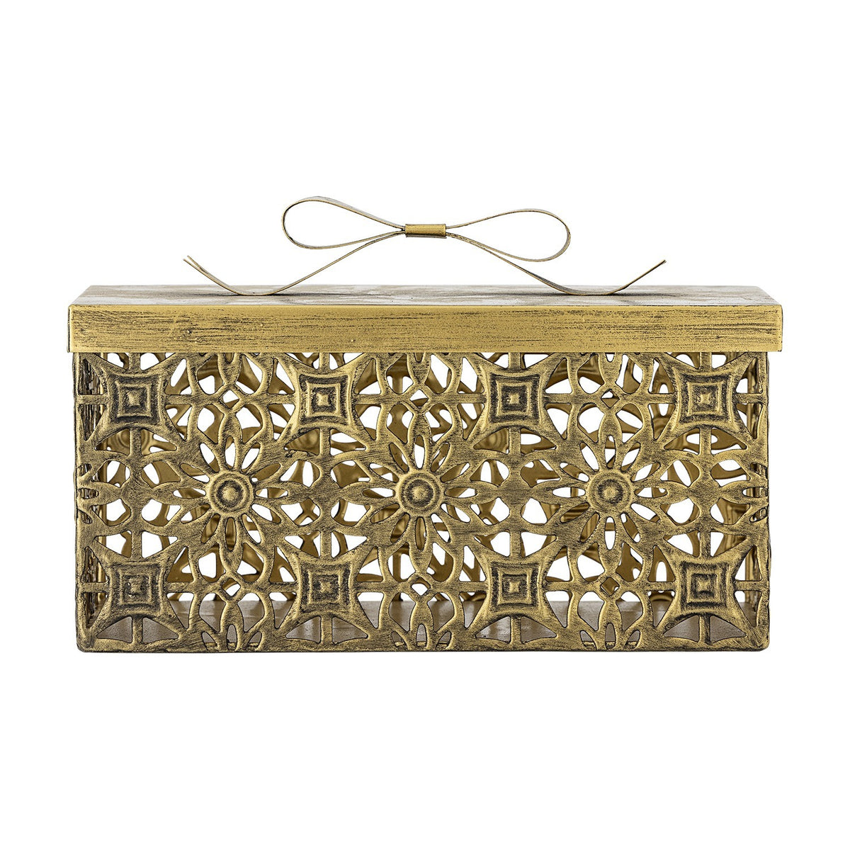 Gretl gold iron Christmas storage box with lift-off lid, openwork floral rosette and geometric pattern on sides, metal bow detail on top, plain white background.