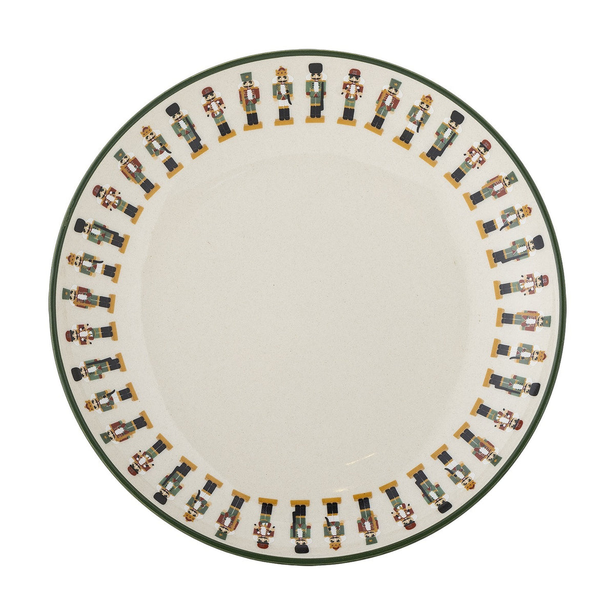 Jolly Stoneware Christmas Plate in cream, round side plate with a ring of nutcracker figures around the rim edged in green, on a plain white background.