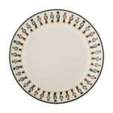Jolly Stoneware Christmas Plate in cream, round side plate with a ring of nutcracker figures around the rim edged in green, on a plain white background.