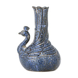 Kali Speckled Stoneware Vase 16cm in blue, shaped as a crested bird with a rounded body, carved feather detail, and a tall scalloped neck, shown on a plain white background.