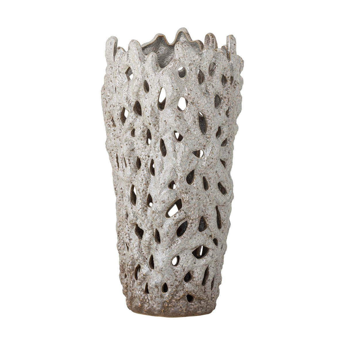 Eunice Stoneware Vase 37cm in white, tapered ceramic form with pierced, coral-like texture and an uneven scalloped rim, shown against a plain white background.