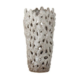 Eunice Stoneware Vase 37cm in white, tapered ceramic form with pierced, coral-like texture and an uneven scalloped rim, shown against a plain white background.