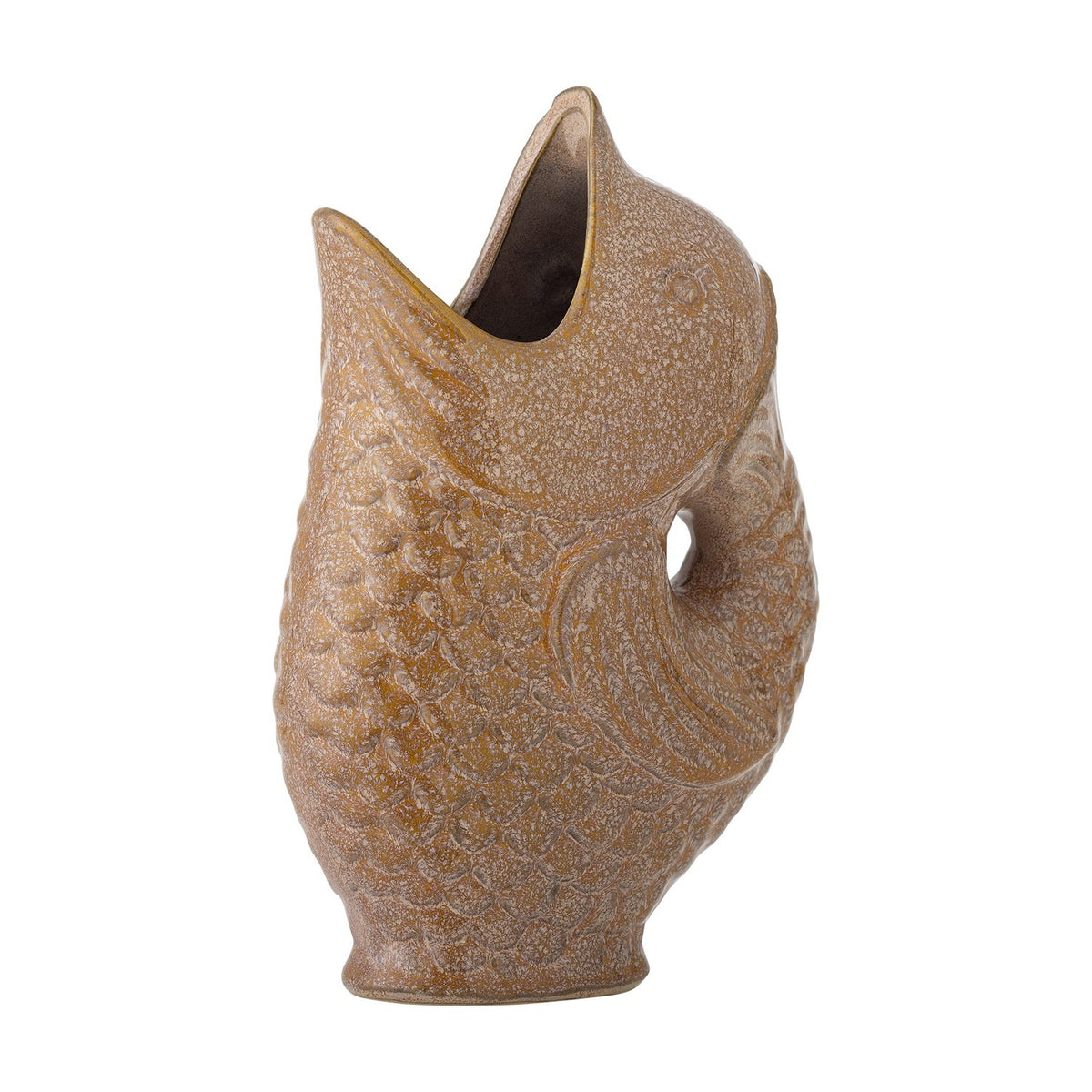 Harvey Fish Stoneware Vase, 23.5cm, in speckled brown glaze with raised scales, curved gill line and a curled tail loop forming a handle, shown on a plain white background.