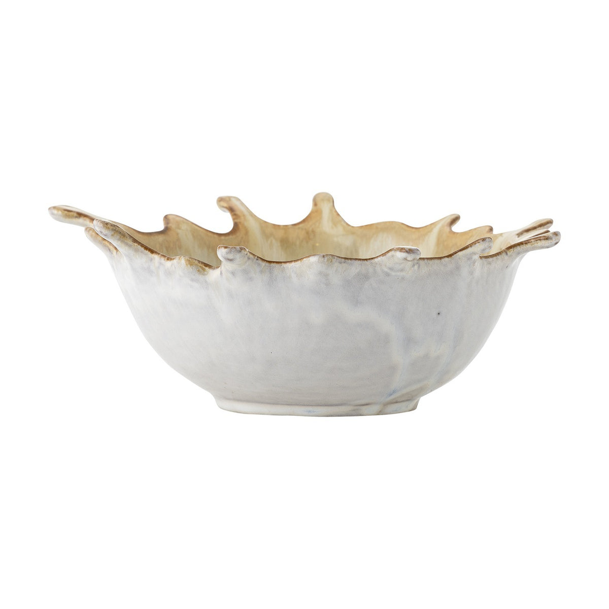 Alcott Stoneware Bowl 24x21cm in beige, a ceramic serving bowl with a splash-edge rim of rounded points, glazed white and beige, shown on a plain white background.