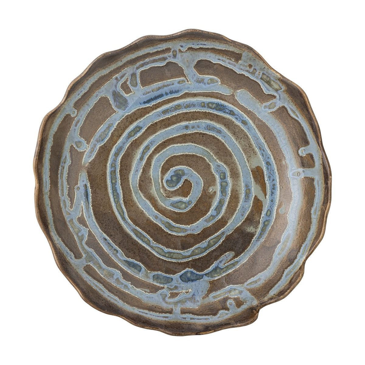 Marjorie Round Stoneware Tray in brown, a shallow serving dish with a scalloped wavy rim and spiral glaze pattern winding from the centre, shown on a plain white background.