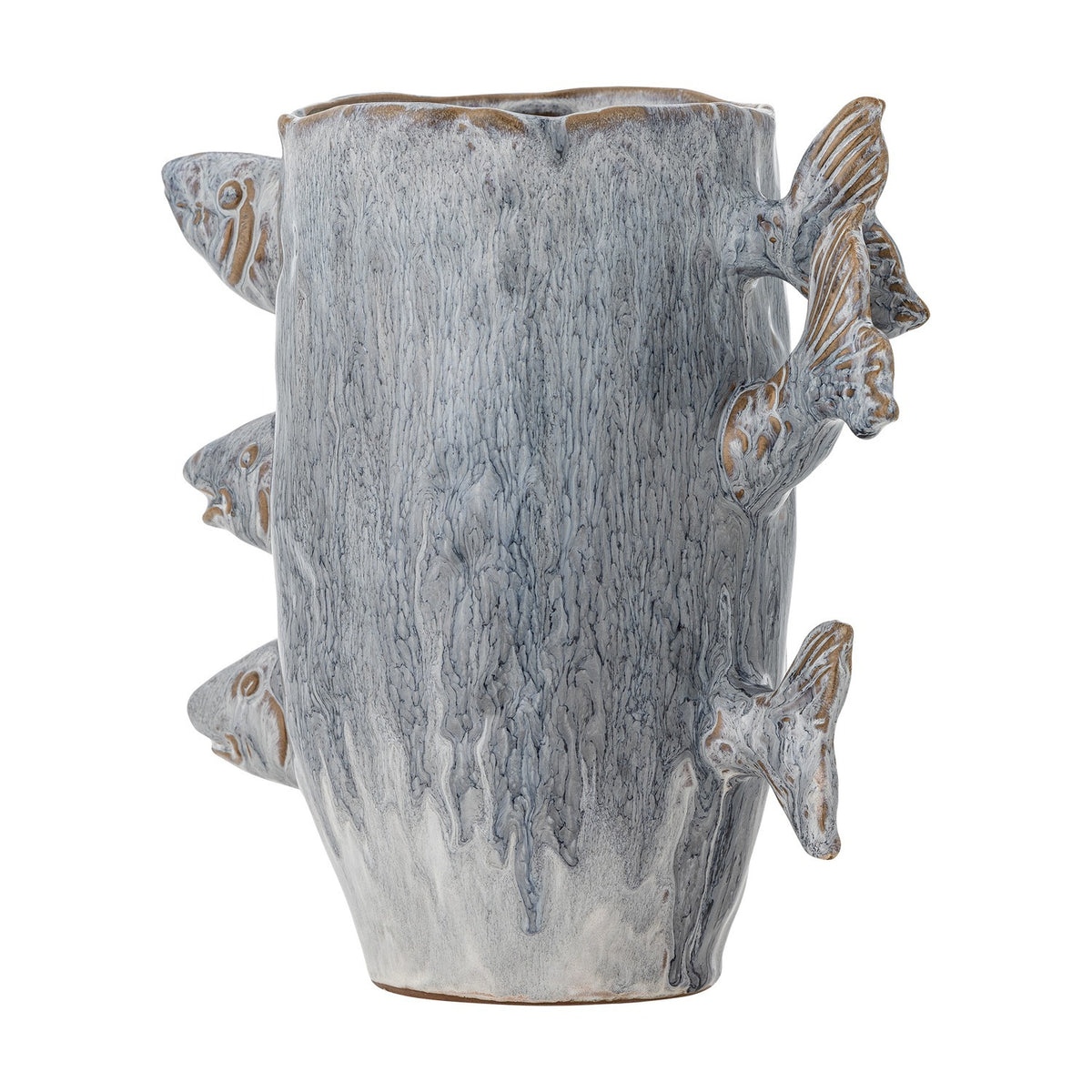Tace Stoneware Vase 23cm in blue, a textured ceramic cylinder vase with three sculpted fish heads and tails emerging from the sides, shown on a plain white background.
