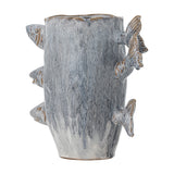 Tace Stoneware Vase 23cm in blue, a textured ceramic cylinder vase with three sculpted fish heads and tails emerging from the sides, shown on a plain white background.
