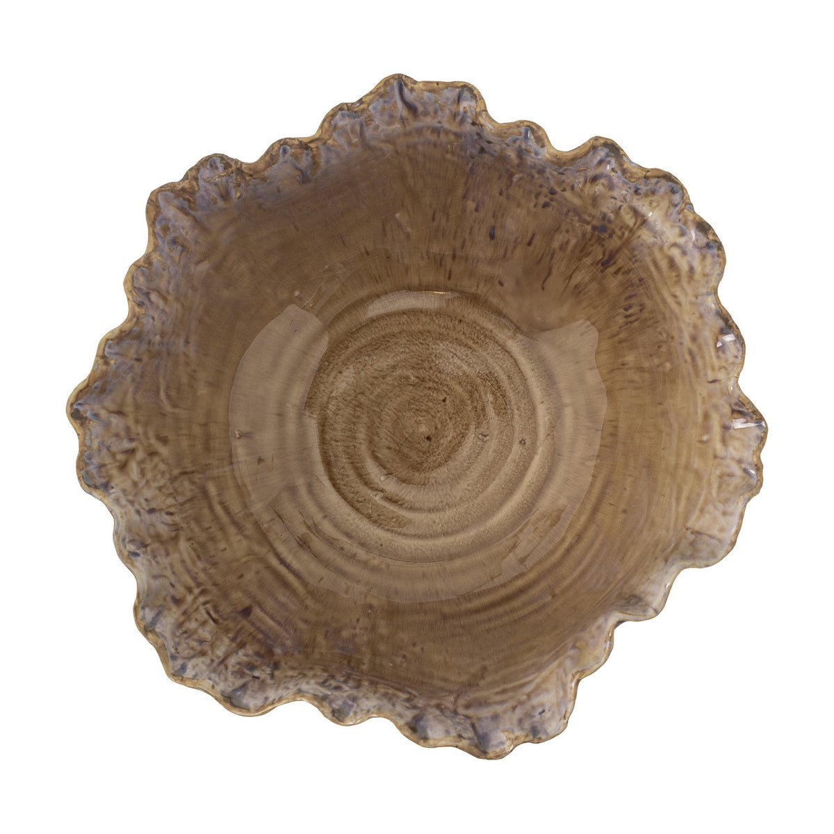 Nash Stoneware Bowl 24.5cm in brown, shown from above with a wavy, ruffled rim and glossy ceramic walls with concentric ring texture, on a plain white background.