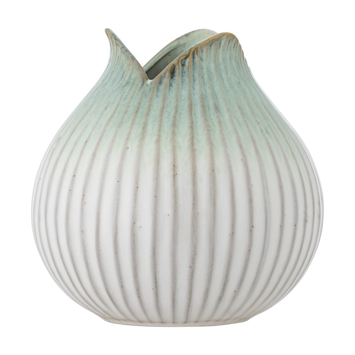 Skylar Fluted Stoneware Vase 19.5cm in white, round-bodied with fine vertical ribs and a folded, petal-like rim, shown on a plain white background.