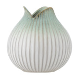 Skylar Fluted Stoneware Vase 19.5cm in white, round-bodied with fine vertical ribs and a folded, petal-like rim, shown on a plain white background.