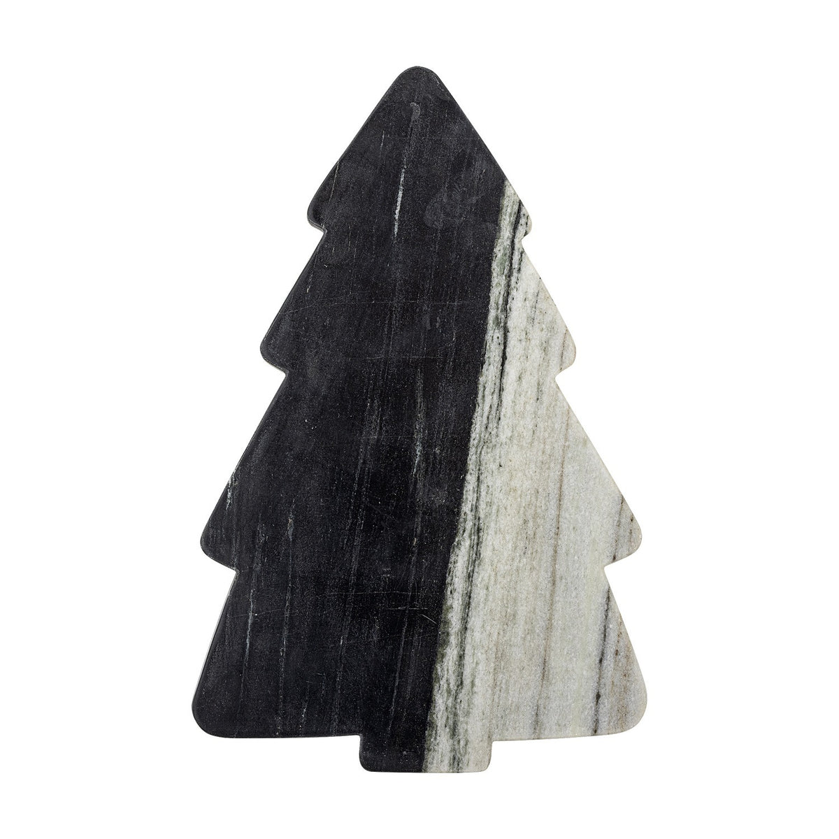 Diya Christmas Tree Marble Chopping Board in black, stepped tiered tree shape with short trunk, split with contrasting white veined marble, shown on a plain white background.