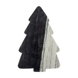 Diya Christmas Tree Marble Chopping Board in black, stepped tiered tree shape with short trunk, split with contrasting white veined marble, shown on a plain white background.