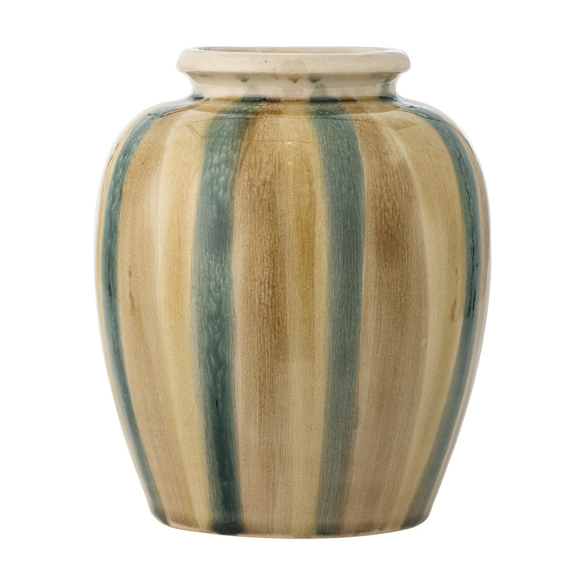 Rahima Crackle Stoneware Vase 20cm, a rounded ceramic vase with hand-painted teal and tan vertical stripes under a crackle glaze, shown against a plain white background.