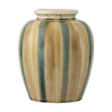 Rahima Crackle Stoneware Vase 20cm, a rounded ceramic vase with hand-painted teal and tan vertical stripes under a crackle glaze, shown against a plain white background.