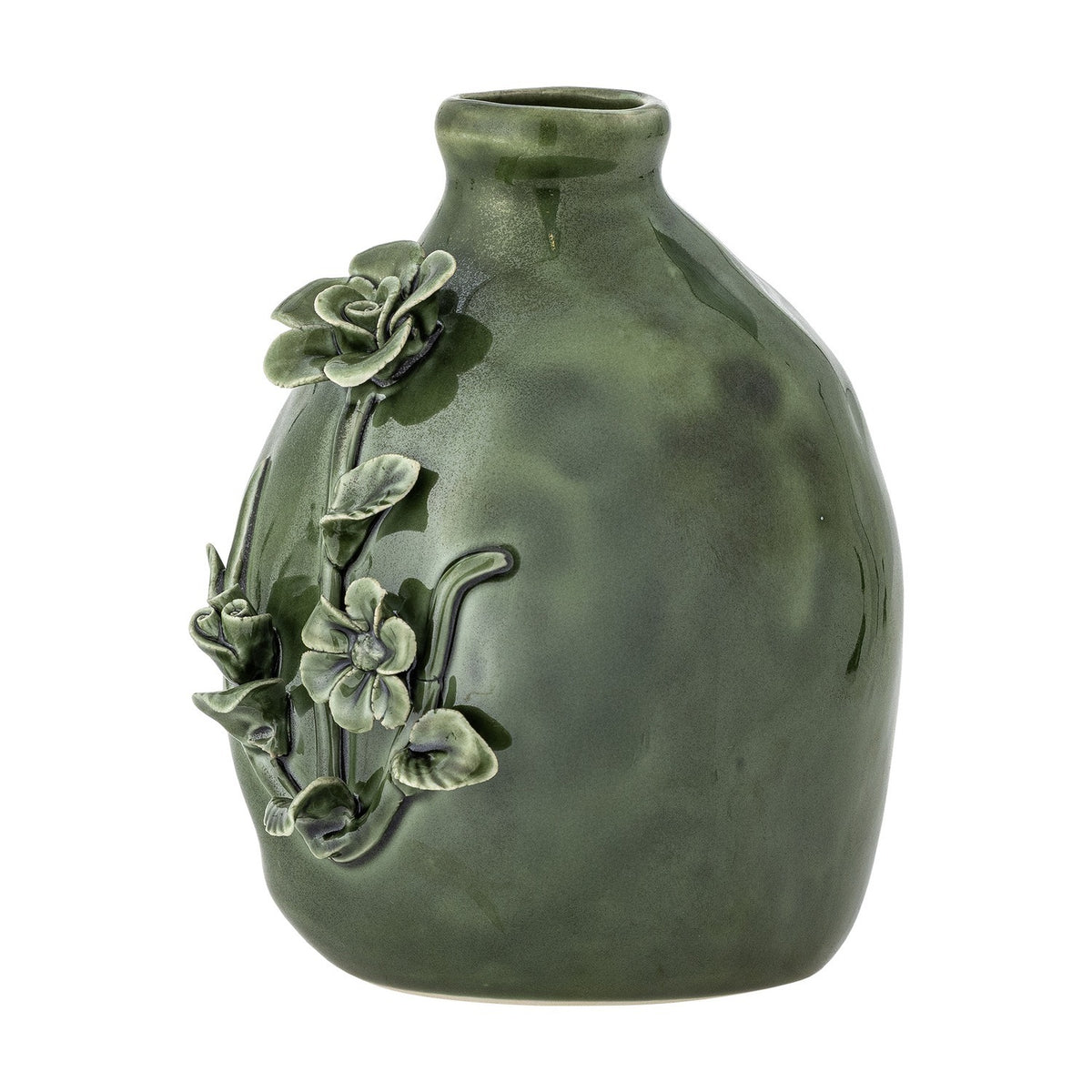 Ramia Floral Stoneware Vase in green, rounded ceramic body with short neck and raised floral relief of flowers, buds and leaves, on a plain white background.