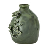 Ramia Floral Stoneware Vase in green, rounded ceramic body with short neck and raised floral relief of flowers, buds and leaves, on a plain white background.