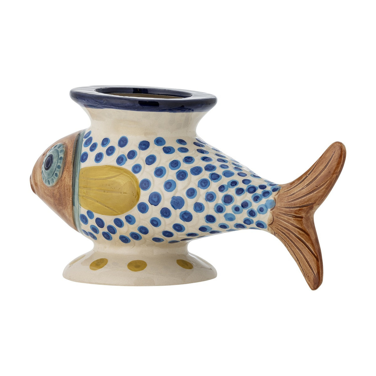 Nobu Fish Stoneware Vase in multicoloured ceramic, hand-painted with blue scale dots, a round eye, side fin and ridged tail, flared rim opening on its back, shown on a plain white background.