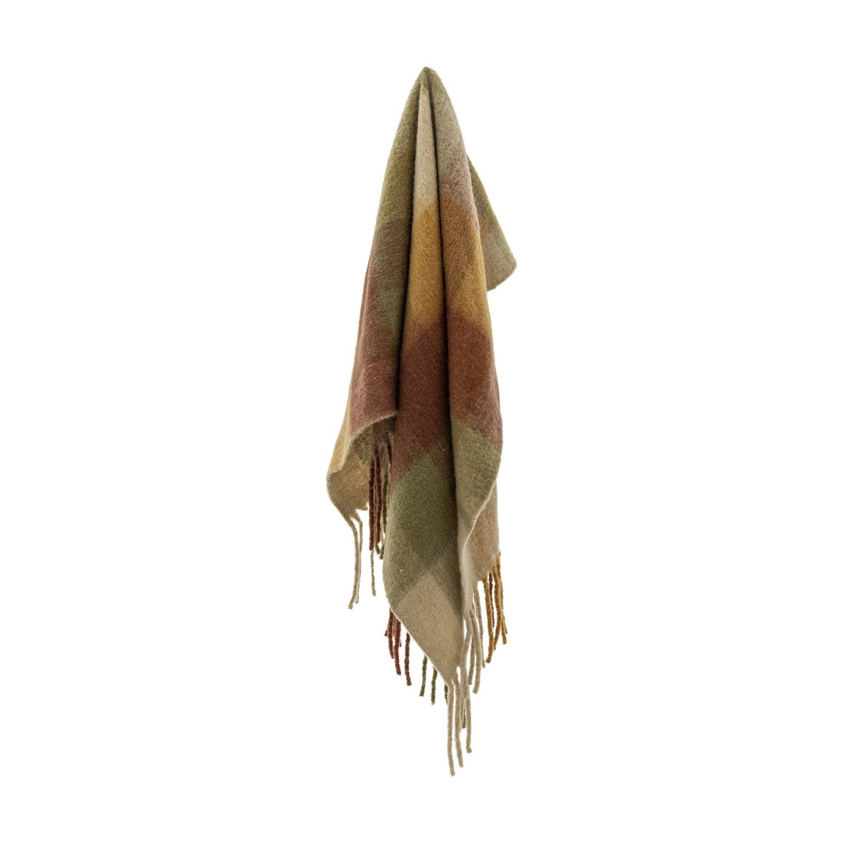 Hamisha Throw - Multi, a large woven check throw in olive, rust, and gold tones with chunky twisted fringe, draped on a hook against a plain white background.