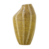 Abella Speckled Stoneware Vase, 35.5cm tall with an asymmetric shoulder, yellow mottled finish with vertical lighter speckled stripes, shown on a plain white background.