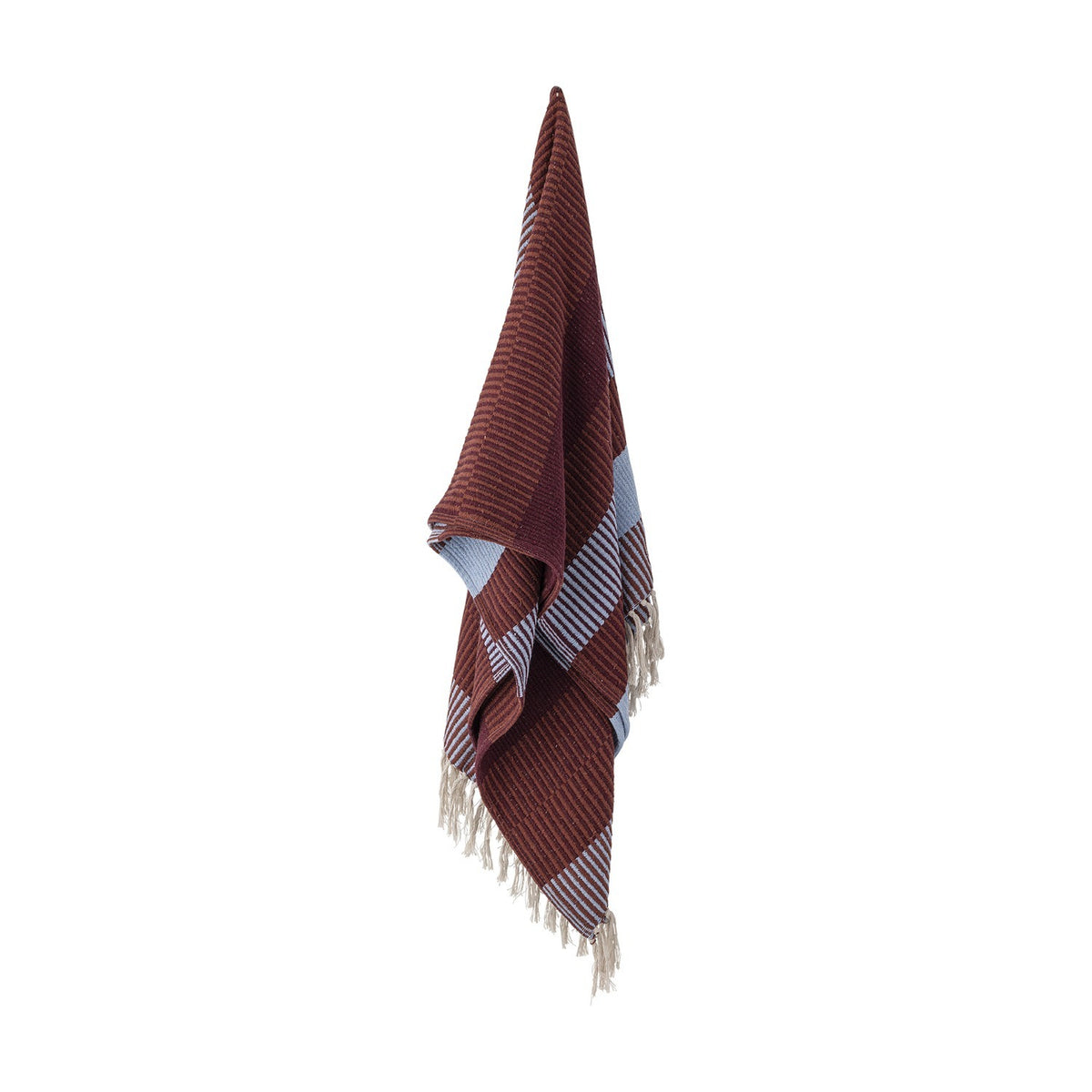 Isnel Red Striped Throw hanging against a plain white background, showing a ribbed woven texture in red and blue stripes with knotted yarn fringe at the ends.
