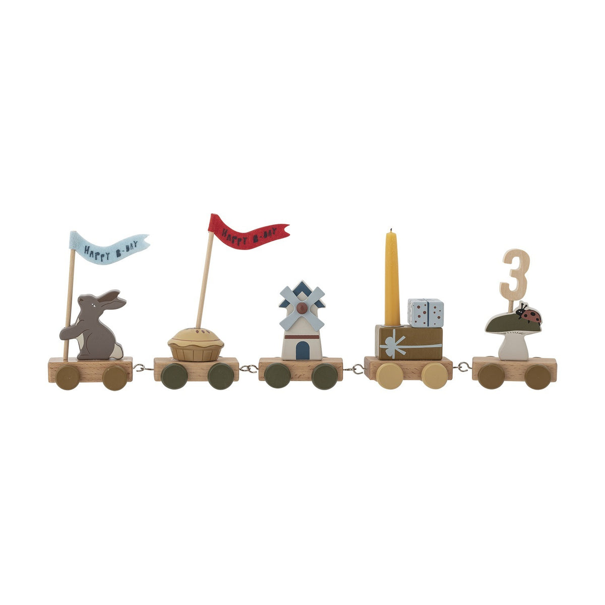 Alfi Birthday Decoration wooden train with five wagons: rabbit holding Happy B-day flag, cake with candle and number 3, windmill, gift box with dice, and mushroom with ladybird.