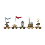 Alfi Birthday Decoration wooden train with five wagons: rabbit holding Happy B-day flag, cake with candle and number 3, windmill, gift box with dice, and mushroom with ladybird.