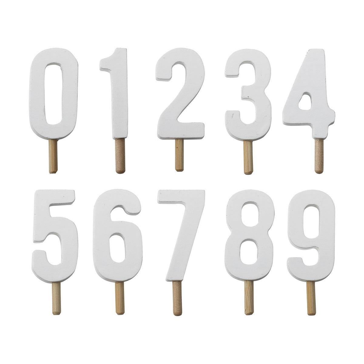 Set of white wooden number candles 0-9 with wooden stick holders, plain cut-out digit shapes on a white background.