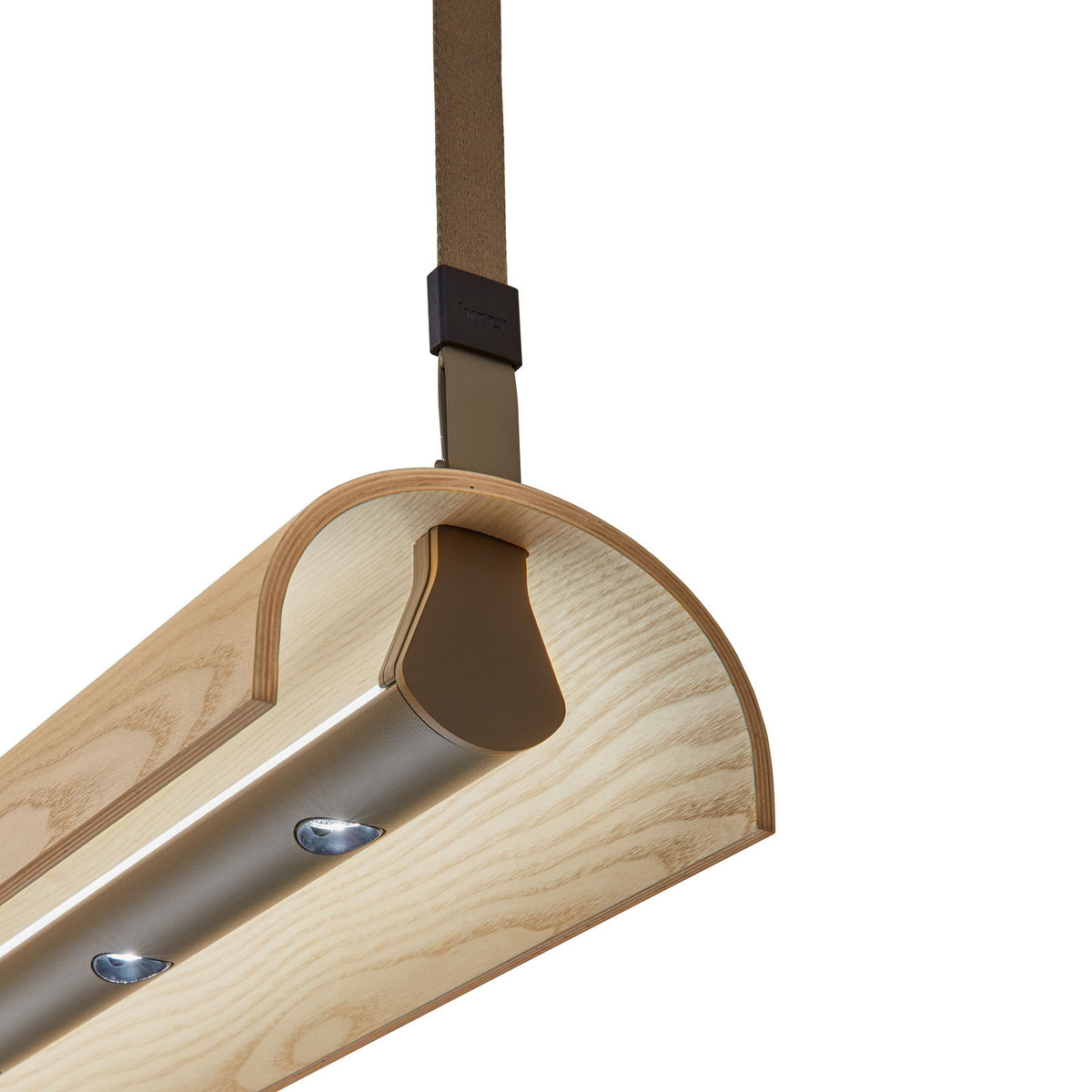 Close-up of the Aluet S/100 wood LED pendant light, showing its half-round ash wood shade, integrated LED strip, and beige cotton strap suspension on a plain white background.