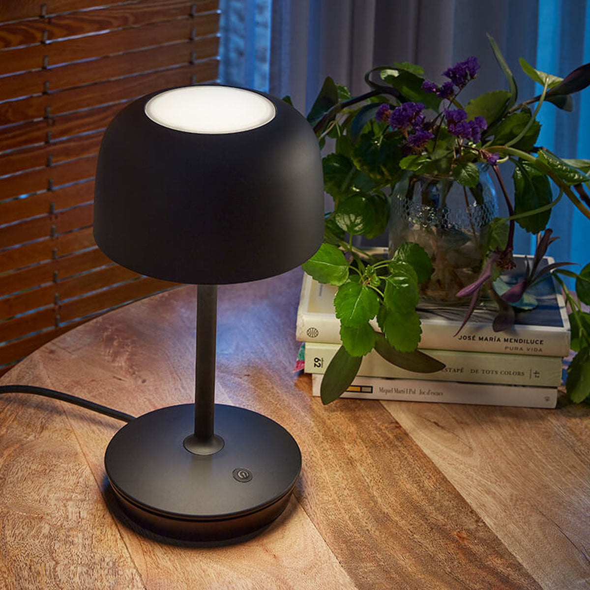 Bol M/37 Dome LED Table Lamp in matte black, dome shade on slim stem with round weighted base and touch dimmer, shown on a wooden table beside books and a plant.