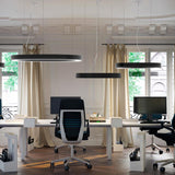 Large matte black ring-shaped LED pendant lights, 123cm diameter, hung over office desks with monitors and black task chairs in a period-style room.