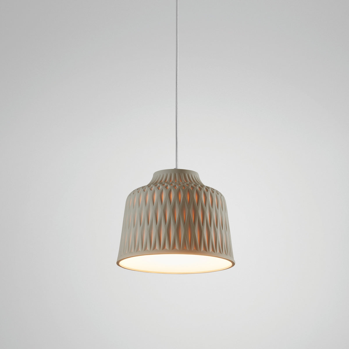 Soft S/30 Bell Outdoor Pendant Light in Olive Grey, a bell-shaped aluminium shade with raised diamond texture and white diffuser base, hung on a long cable against a plain light background.