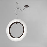 Roda S/90/V Ribbon Ring LED Pendant Light in white, a large circular fixture with finely pleated translucent shade around a dark inner ring, round ceiling canopy, shown on a plain grey background.