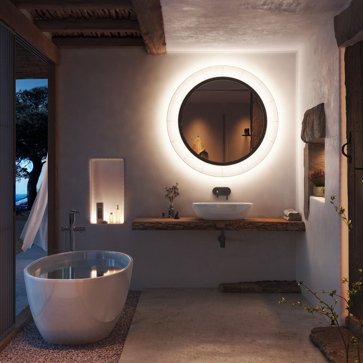 Roda PF/200 Ribbon LED wall light with pleated white translucent shade and dark inner ring, mounted above a bathroom vanity with round mirror glow.