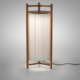 Kando P/111 Ribbon LED floor lamp with pleated cream shade in a teak wood frame and dark top disc, on a plain light grey background.