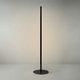 Solid F 240 Cylinder LED Floor Lamp in matte black, a slim upright stem on a round disc base with a long illuminated line of warm white light, shown against a plain light grey background.