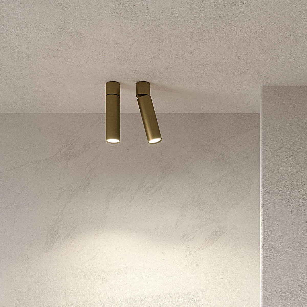 Lola Cylinder LED ceiling light in brass, two adjustable cylinder spotlights mounted on a light grey ceiling, casting focused warm white downlight beams.