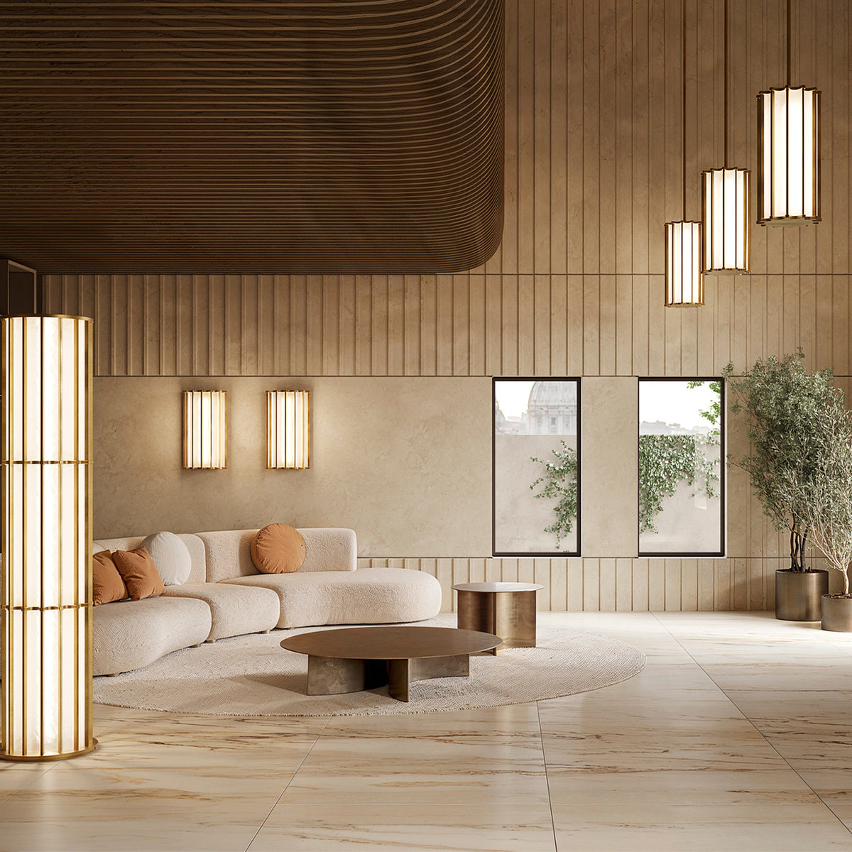 Roma Glass LED Pendant Light in Brushed Bronze with slim vertical bars around glowing white panels, shown in art deco style above a living room seating area alongside matching wall lights.
