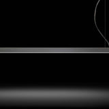 Brooklyn Line Aluminium Linear LED Pendant Light, 152cm slim horizontal bar in black and white finish, suspended by thin cables against a dark background.
