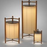 Kando P/111/R rechargeable floor lamps in three sizes, each with a pleated cream Ribbon shade, wooden frame with dark brown top disc, and tripod legs, shown lit on a plain grey background.