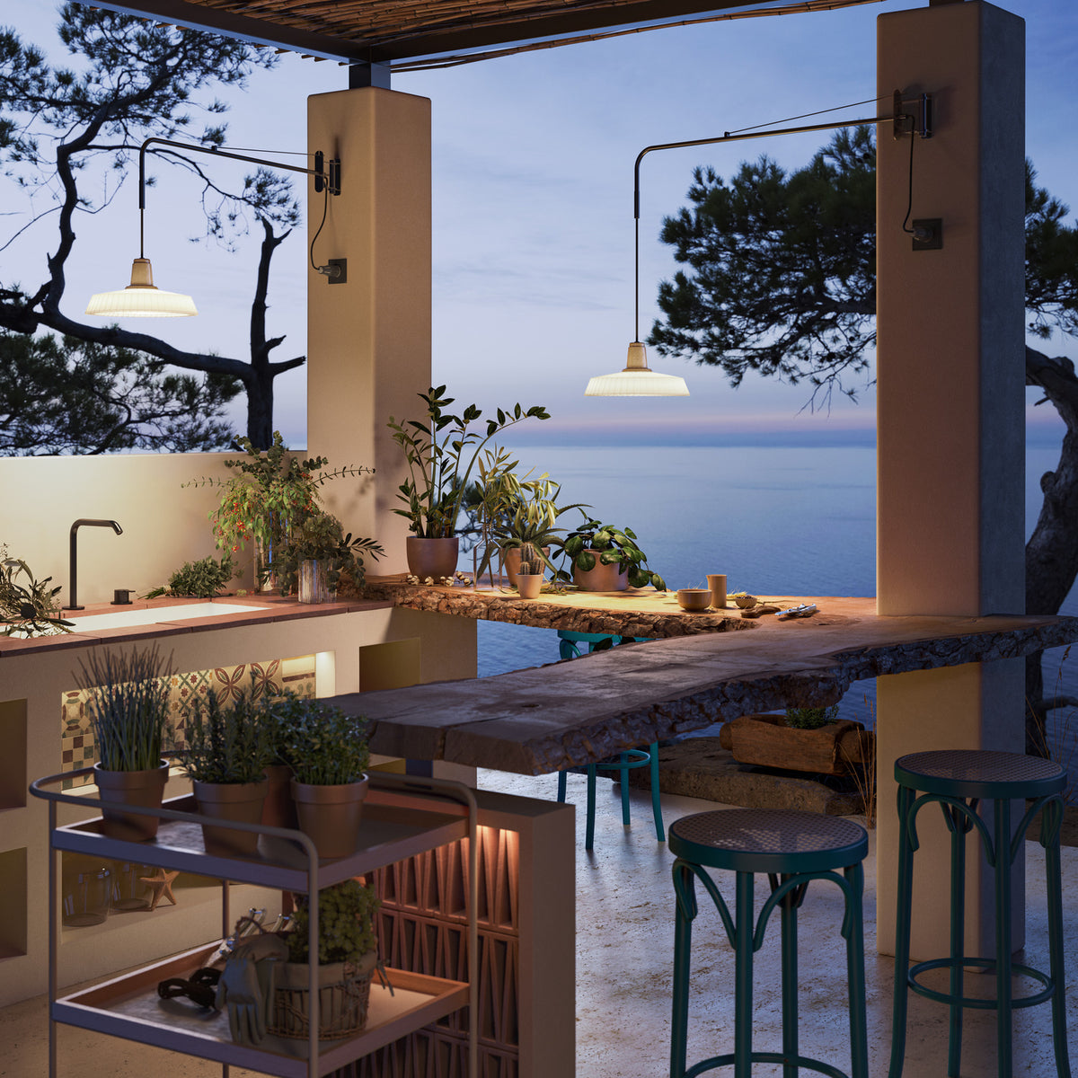 Marietta 32 A/98 Cone LED outdoor wall light with a long slim black arm and pleated white cone shade, mounted on pillars in a seaside pergola dining setting.