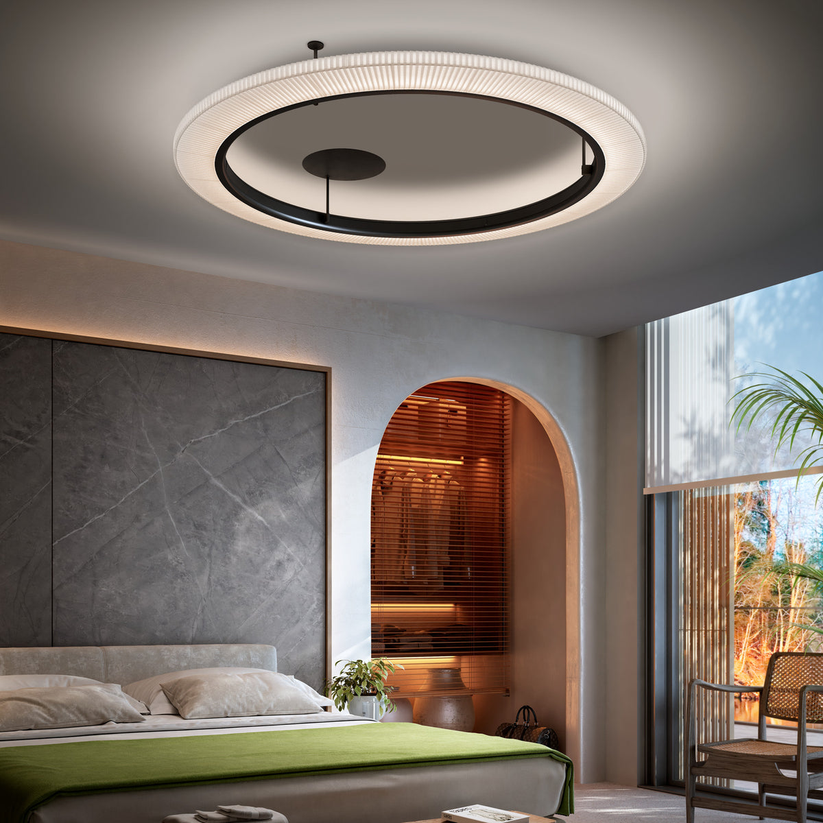 Roda PF/150 Ribbon LED ceiling light with cream pleated ring, black inner trim and centre plate, shown glowing above a modern bedroom.