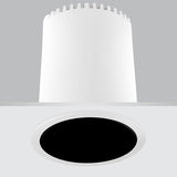 Nick Aluminium Round Recessed LED Downlight 6cm in white, showing the cylindrical housing above the ceiling and the round white trim with black interior below, set on a plain grey background.
