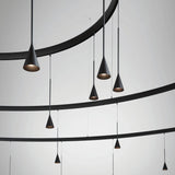 Skybell Circle Iron Ring LED Pendant Light in Ebony Black, showing curved iron rings with multiple cone-shaped heads suspended on slim cables against a plain light grey background.
