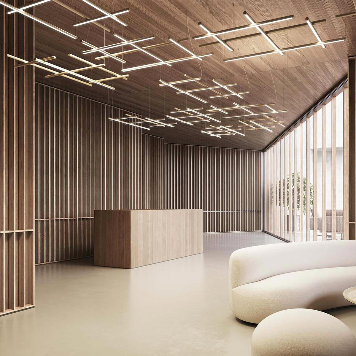 Hilow White Diffuser Frame LED pendant lights arranged in multiple crossed linear grids on a wood-panelled ceiling above a reception desk and curved cream sofa.