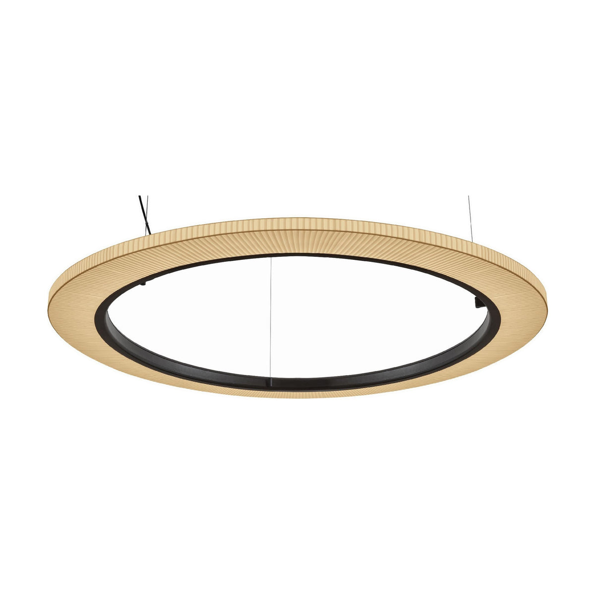 Roda S/120 Ribbon Ring LED pendant light, a wide circular ring with pleated cream translucent shade and dark inner frame, shown on a plain white background.