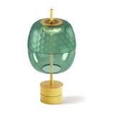 Adamas 23 Forest Green Glass LED Table Lamp with honeycomb-faceted upper shade, clear lower glass, slim brass rod and round brushed brass base, shown on a plain white background.