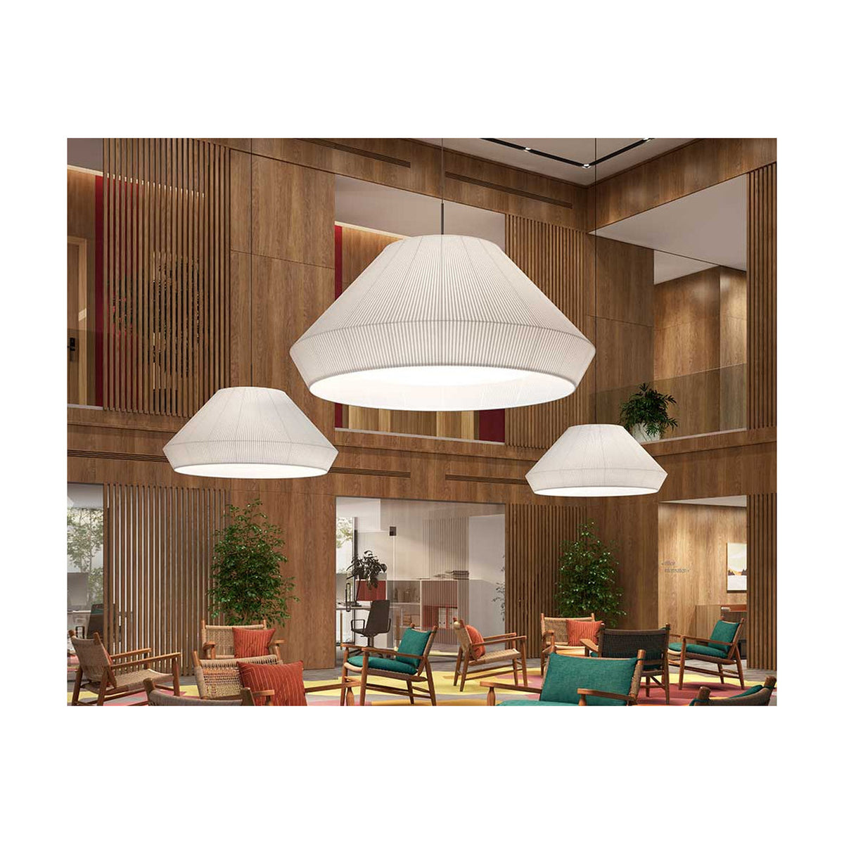 Mei 150 Ribbon Pendant Light shown in a wood-panelled lobby, three large white pleated ribbon shades in varying sizes hanging above seating areas.