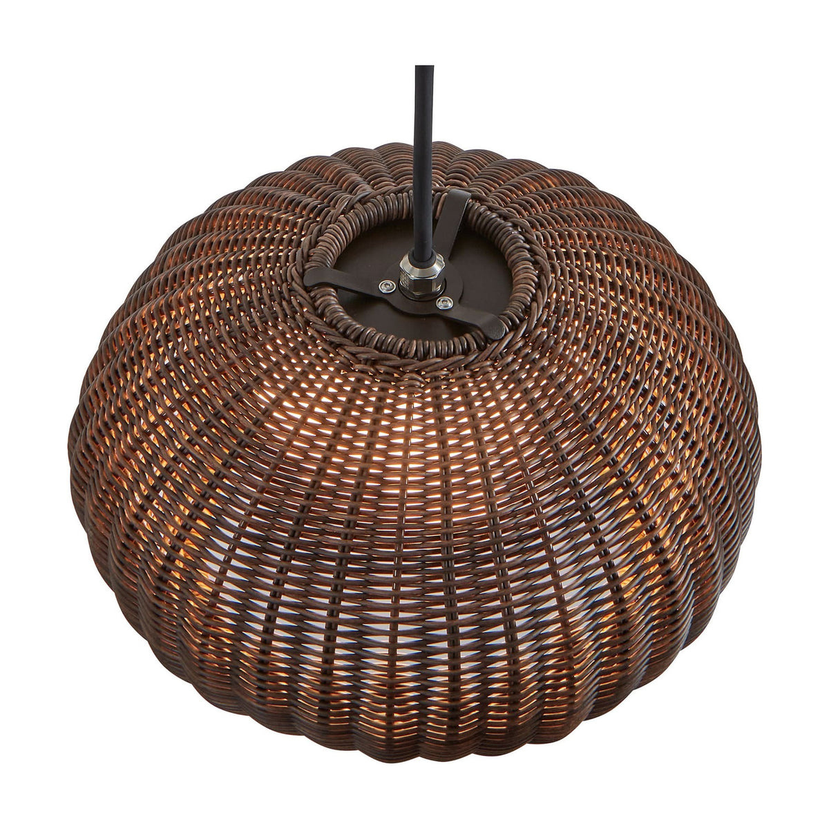 Garota S/01 globe outdoor pendant light with a rounded woven brown shade, open-weave texture, and black cable on a plain white background.